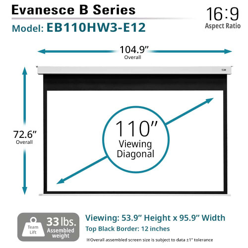Elite Screens Evanesce B 110 Diag. 16:9: Recessed In-Ceiling Electric Motorized Projector Screen with Installation Kit: 8k/4K Ultra HD Ready Matte White Fiberglass Reinforced Projection Surface - EB110HW3-E12