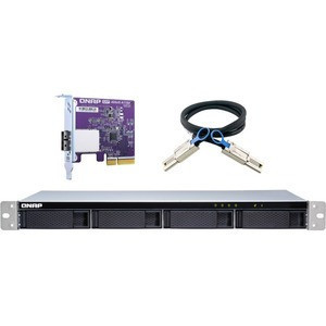 Qnap 4-bay 1U rackmount SATA JBOD expansion unit with a QXP-400eS-A1164 PCIe SATA host card and 1 SFF-8088 to SFF-8088 SAS/SATA 6Gb/s external cables.