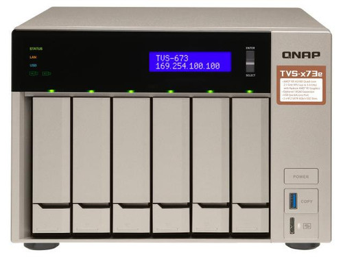 Qnap AMD RX-421BD 2.1-3.4 GHz, 4GB DDR4 RAM, 6x 2.5/3.5 + 2x M.2 2280/2260 SATA 6Gb/s drives, 4x GbE LAN, optional 10GbE PCIe expansion, Surveillance Station free 4 & max 72 channels, USB QuickAccess