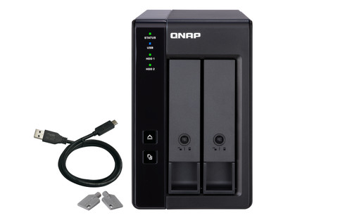 Qnap 2-bay 3.5 SATA HDD USB 3.1 Gen2 10Gbps type-C hardware RAID external enclosure. USB-C to USB-A cable included. Expansion unit for QNAP NAS, Windows, Mac, Linux computers.