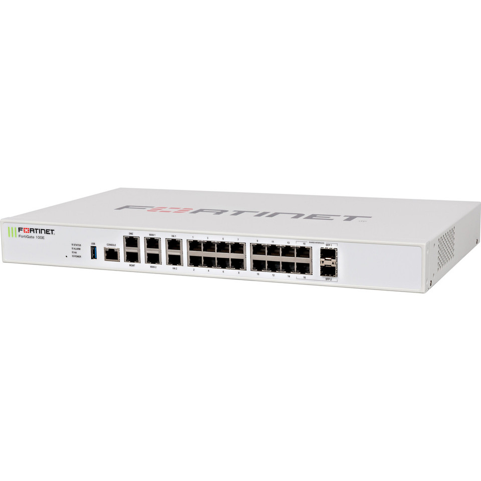 Fortinet FortiGate 100E Network Security/Firewall Appliance - 18 Port - 1000Base-X, 1000Base-T - Gigabit Ethernet - AES (256-bit), SHA-1 - 18 x RJ-45 - 2 Total Expansion Slots - 1U - Rack-mountable Fort - FG-100E-BDL-USG-950-36
