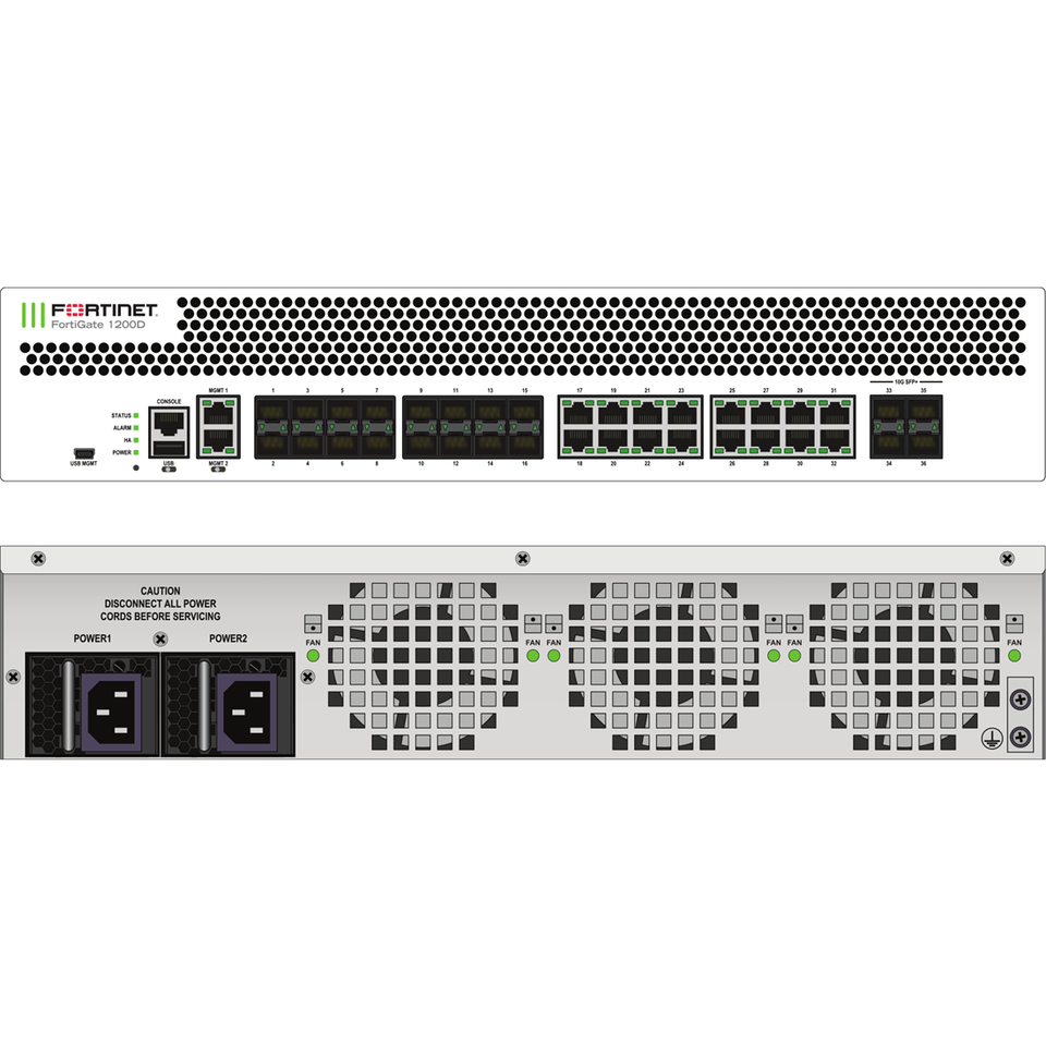 Fortinet 1200D Network Security/Firewall Appliance - 16 Port - 10GBase-X, 1000Base-X, 1000Base-T - 10 Gigabit Ethernet - AES (256-bit), SHA-256 - 16 x RJ-45 - 20 Total Expansion Slots - 2U - Rack-mounta - FG-1200D-BDL-USG-980-12