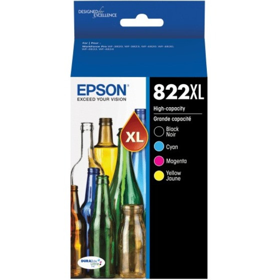 Epson 822XL DuraBrite High-Yield Black, Cyan, Magenta, Yellow Ink Cartridges, Pack of 4, T822XL-XCS - T822XL-XCS