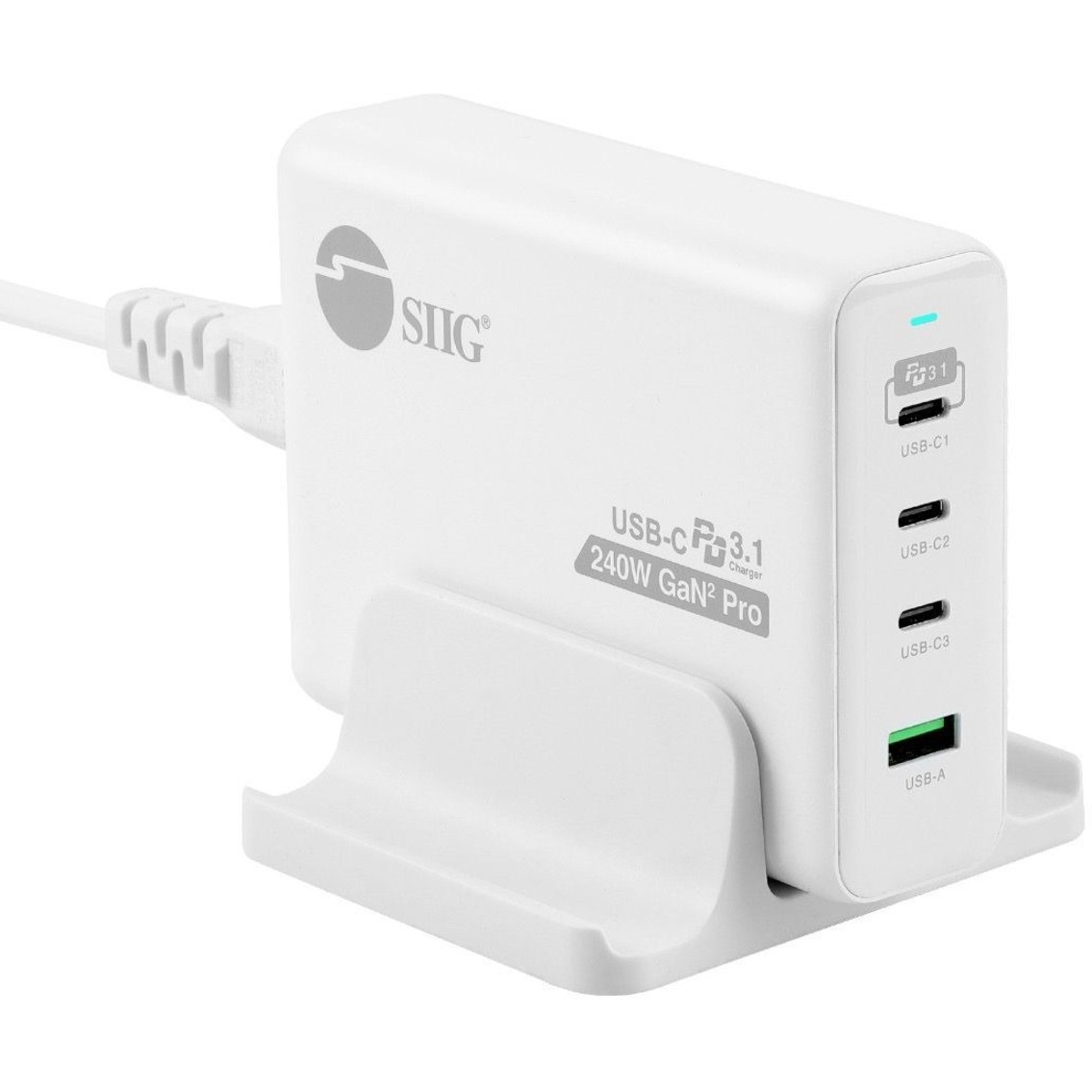 SIIG 240W GaN PD 3.1 Charger - 3C1A - Portable USB Type-C Charger - Maximum 240W output totally - USB C1 up to 140W / USB C2/C3 up to 100W / USB-A up to 30W - Powerfull 4-Port high-power charger with three USB-C Ports/Compatible - AC-PW1X11-S1