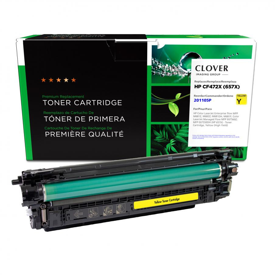 CIG Clover Imaging Remanufactured HP CF472X 657X W9032MC Yellow High Yield Toner Cartridge for use in mfp m681z m682z m681dh m681f e67560z e67550dh Estimated yeild 23000 pages