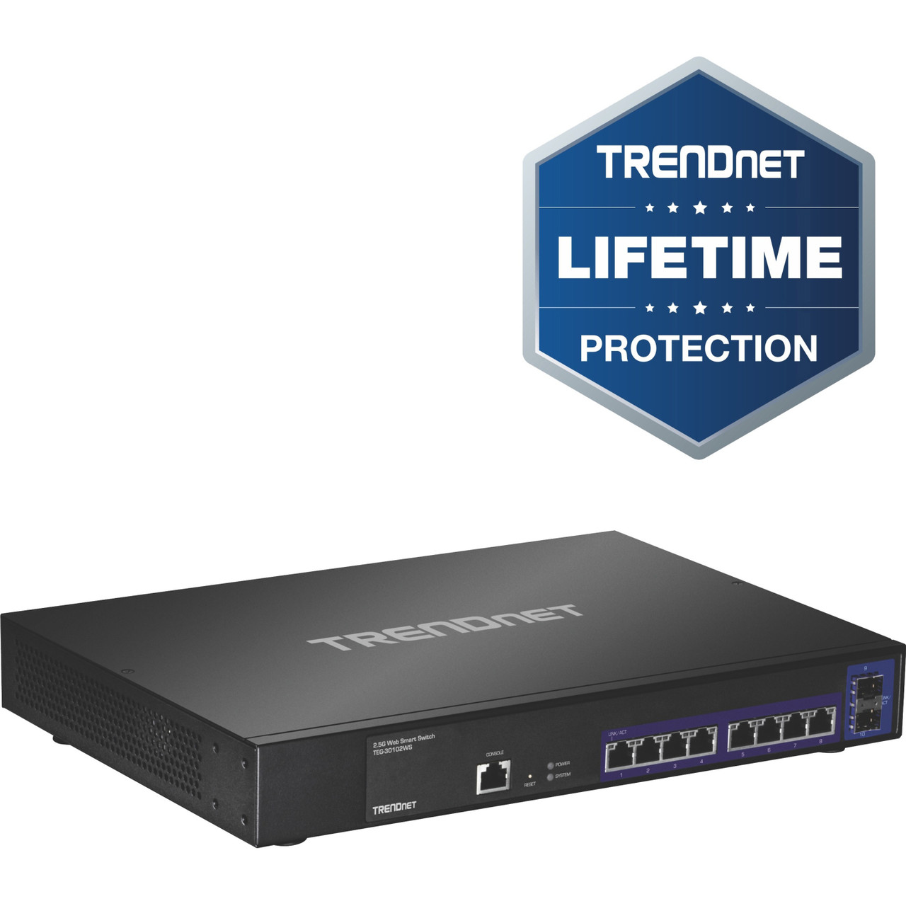 Trendnet 10-Port 2.5GBASE-T Web Smart Switch; 8 x 2.5GBASE-T RJ-45 Ports; 2 x 10G SFP+ Slots; Lifetime Protection; TEG-30102WS - TEG-30102WS