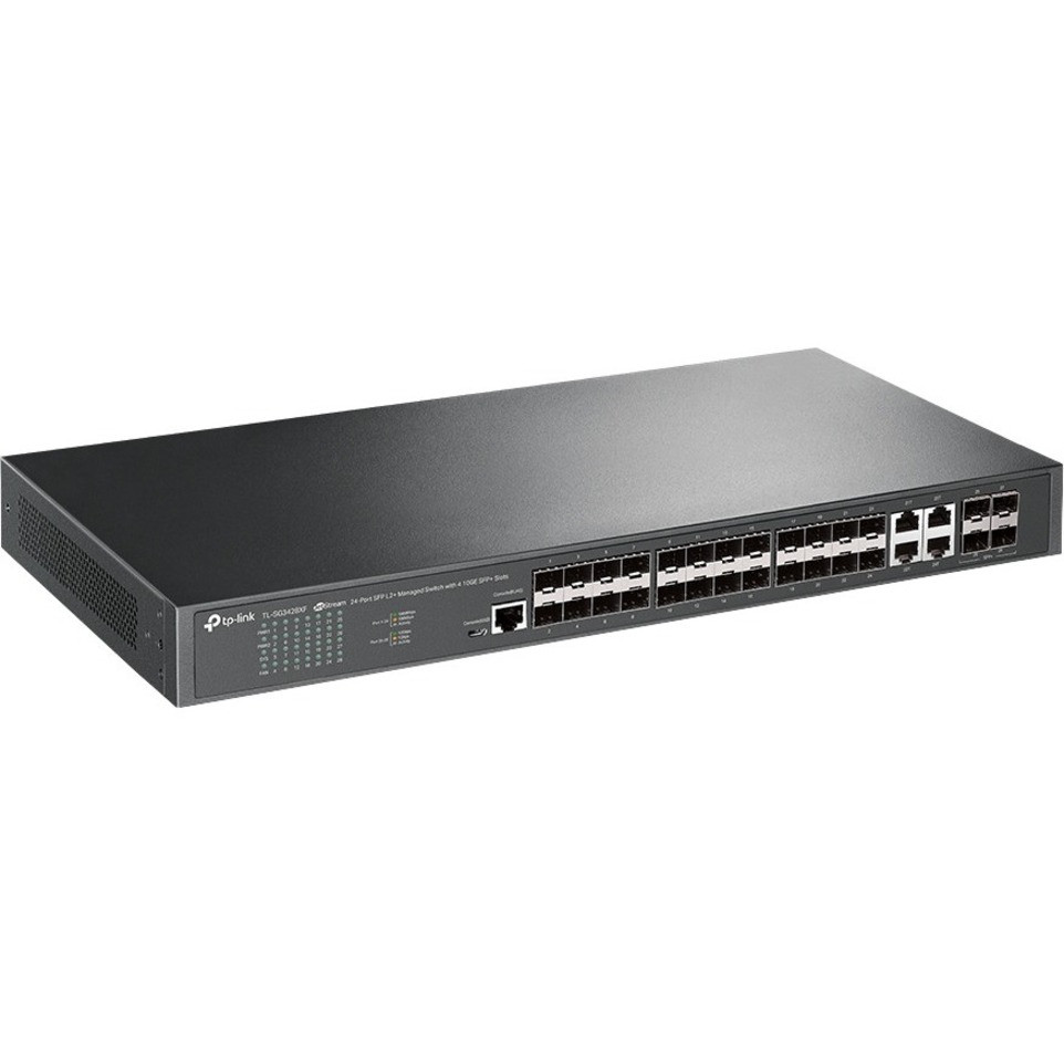 TP-Link TL-SG3428XF - JetStream 24-Port SFP L2+ Managed Switch with 4 10GE SFP+ Slots - 4 Ports - Manageable - Gigabit Ethernet, 10 Gigabit Ethernet - 10/100/1000Base-T, 10GBase-X - 3 Layer Supported - Modular - 20 SFP Slots - TL-SG3428XF