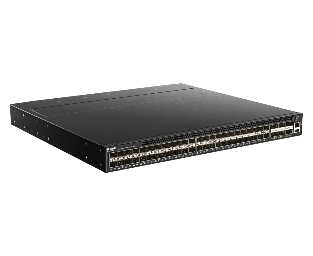 D-Link 48-port 25G SFP28, 6-port 100G QSFP28 Open Network Switch. Front-to-back airflow - DQS-5000-54SQ28/AF