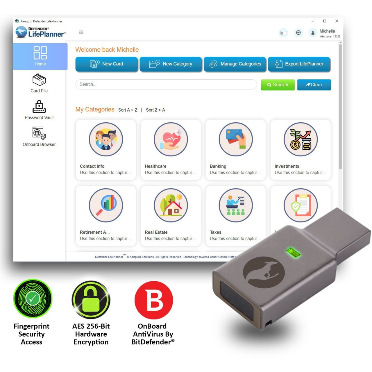 Kanguru Defender LifePlanner 64GB Secure, Personal Life Organizer, Encrypted Flash Drive - 64 GB - USB 3.2 (Gen 1) - 150 MB/s Read Speed - 100 MB/s Write Speed - Silver - 256-bit AES - 3 Year Warranty - KLPBE30-64G Kanguru Defender LifePlanner 64GB Secure, Personal Life Organizer, Encrypted Flash Drive - 64 GB - USB 3.2 (Gen 1) - 150 MB/s Read Speed - 100 MB/s Write Speed - Silver - 256-bit AES - 3 Year Warranty - KLPBE30-64G