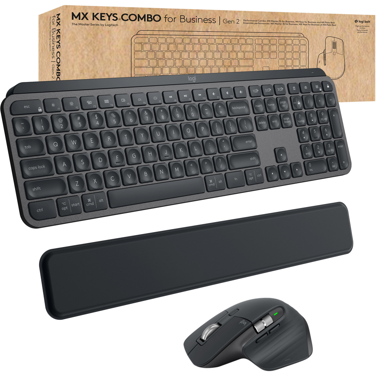 Logitech MX Keys Combo for Business Keyboard & Mouse - USB Wireless Bluetooth Keyboard - USB Wireless Bluetooth Mouse - Darkfield - 8000 dpi - 7 Button - Scroll Wheel - Right-handed - 920-010923