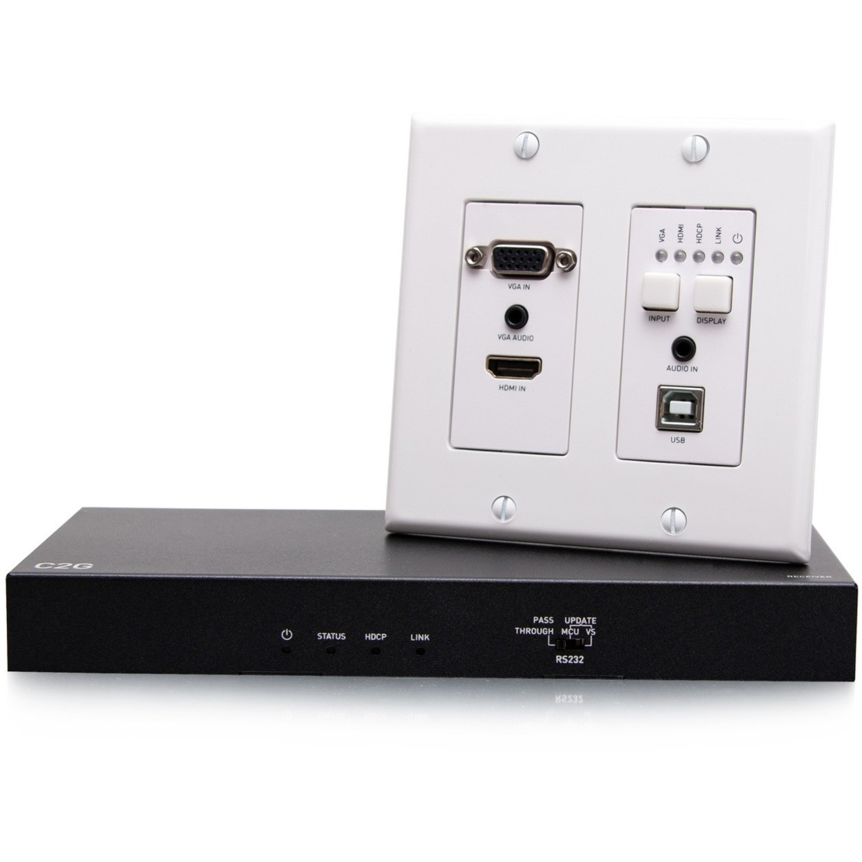 C2G Video Extender Transmitter/Receiver - 2 Input Device - 1 Output Device - 230 ft Range - 2 x Network (RJ-45) - 7 x USB - 1 x HDMI In - 1 x VGA In - 1 x HDMI Out - 1080p - 4K - Twisted Pair - Category 7 - Wall Plate - C2G31012