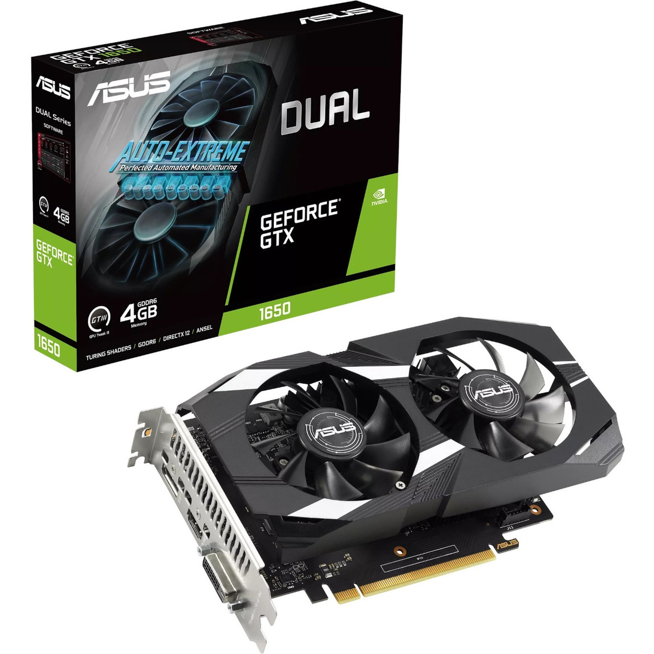 Asus NVIDIA GeForce GTX 1650 Graphic Card - 4 GB GDDR6 - 1.62 GHz Boost Clock - 128 bit Bus Width - PCI Express 3.0 - DisplayPort - HDMI - DVI - DUAL-GTX1650-4GD6-P-V2