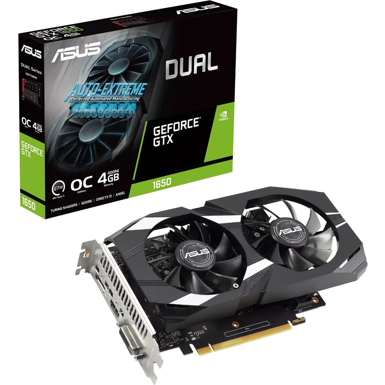 Asus NVIDIA GeForce GTX 1650 Graphic Card - 4 GB GDDR6 - 1.65 GHz Boost Clock - 128 bit Bus Width - PCI Express 3.0 - DisplayPort - HDMI - DVI - DUAL-GTX1650-O4GD6-P-V2