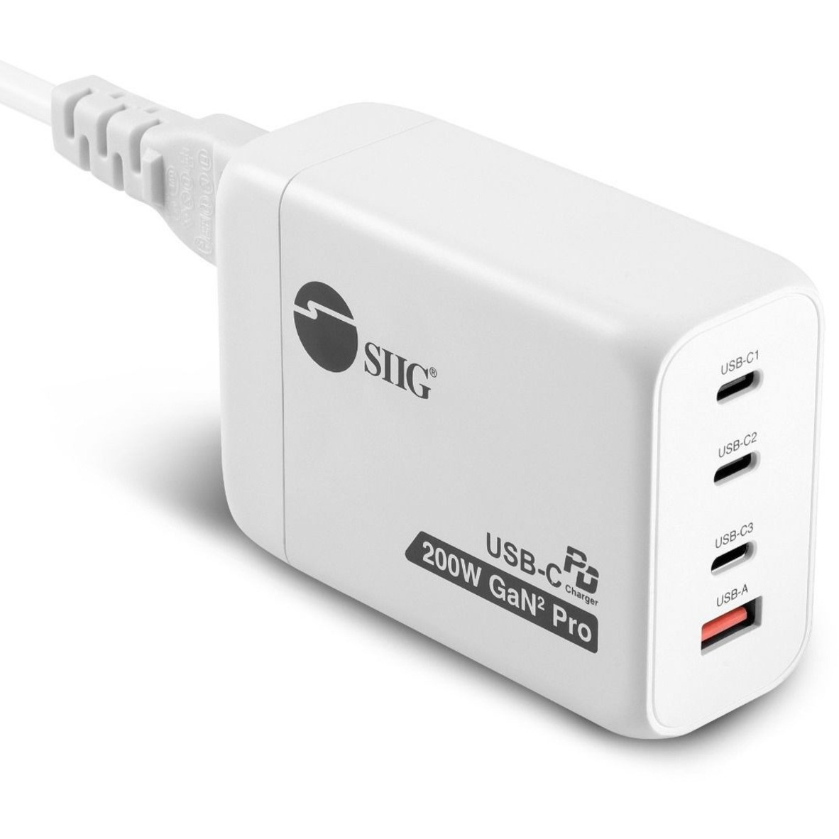 SIIG 200W GaN PD Combo Charger - 3C1A - Powerfull 4-Port high-power charger with three USB-C PD 3.0, Fast Charger 2.0, PPS and one USB-A Quick Charge 3.0 fast charging ports, Supports maximum 200W output totally, C1/C2 White - AC-PW1V11-S1