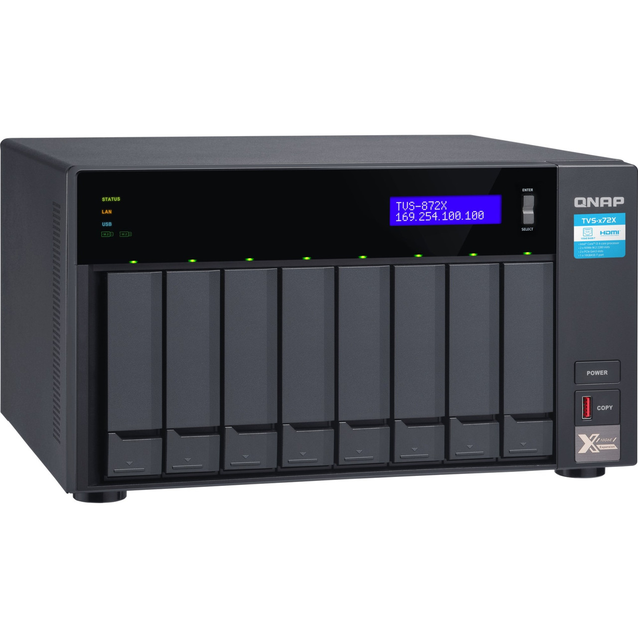 Qnap TVS-872X-I3-8G SAN/NAS Storage System - Intel Core i3 i3-8100T Quad-core (4 Core) 3.10 GHz - 8 x HDD Supported - 0 x HDD Installed - 8 x SSD Supported - 0 x SSD Installed - 8 GB RAM DDR4 SDram - Serial ATA/600 Controller - TVS-872X-I3-8G-US