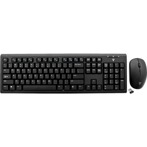 V7 Wireless Keyboard and Mouse Combo - USB Wireless RF - English (US) - Black - USB Wireless RF Mouse - 1600 dpi - 3 Button - Black - Internet Key, Email, Volume Control, Play/Pause Hot Key(s) - Symmetrical - AA, AAA ENGLISH LAYOUT - CKW200US