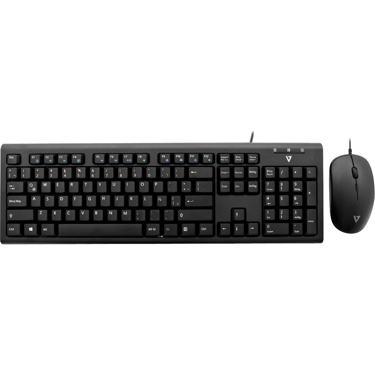 V7 Wired Keyboard and Mouse Combo - MX - USB Cable - Spanish - Black - USB Cable Mouse - Optical - 1600 dpi - 3 Button - Black - Email, Internet Key, Play/Pause, Volume Control Hot Key(s) - Symmetrical - CKU200MX