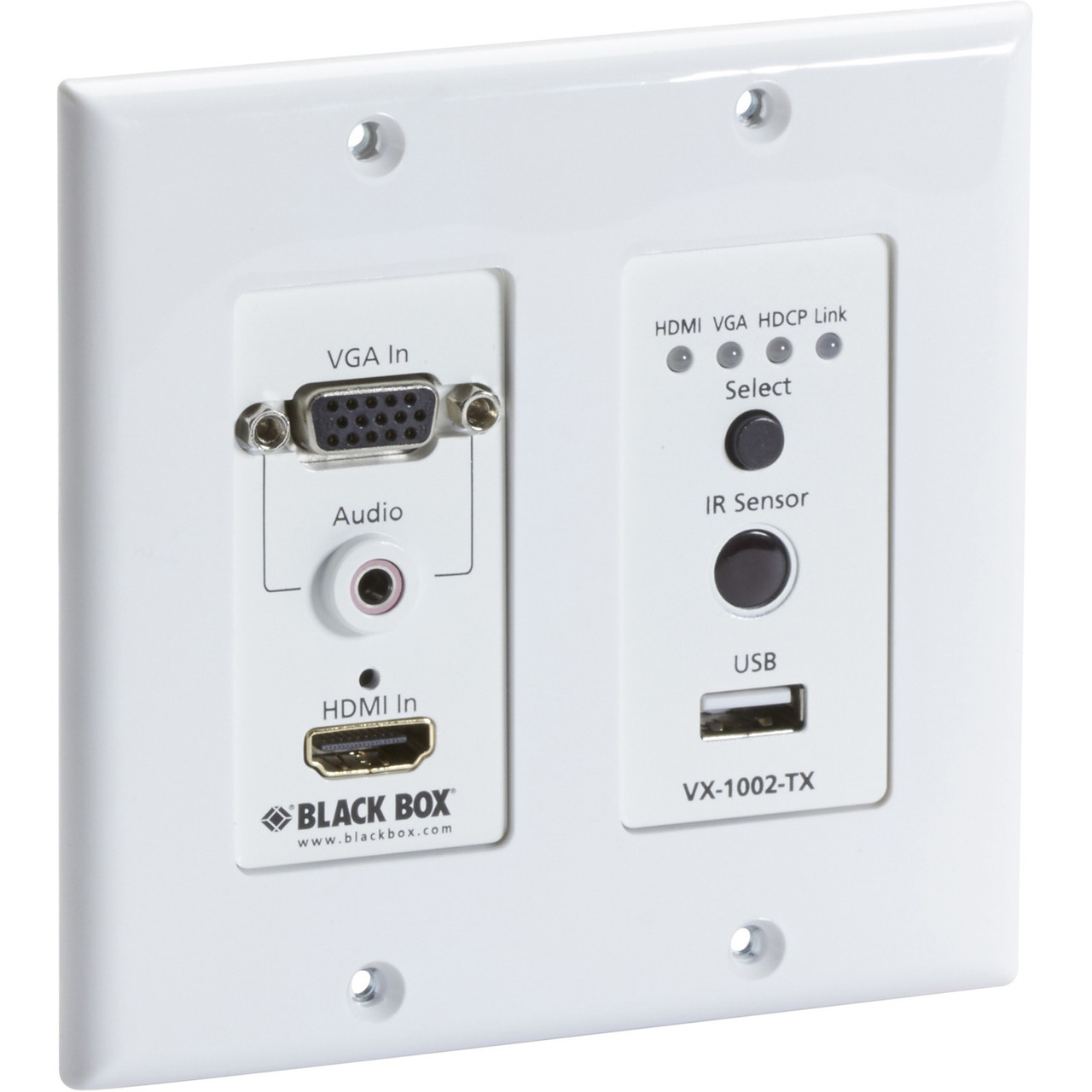 Blackbox Corporatio Blackbox 4K HDMI VGA Extender Wallplate Transmitter CATx USB - 1 Input Device - 330 ft Range - 2 x Network (RJ-45) - 1 x USB - 1 x HDMI In - 1 x VGA In - 4K - Twisted Pair - Wall Plate - VX-1002-TX Blackbox Corporatio Blackbox 4K HDMI VGA Extender Wallplate Transmitter CATx USB - 1 Input Device - 330 ft Range - 2 x Network (RJ-45) - 1 x USB - 1 x HDMI In - 1 x VGA In - 4K - Twisted Pair - Wall Plate - VX-1002-TX