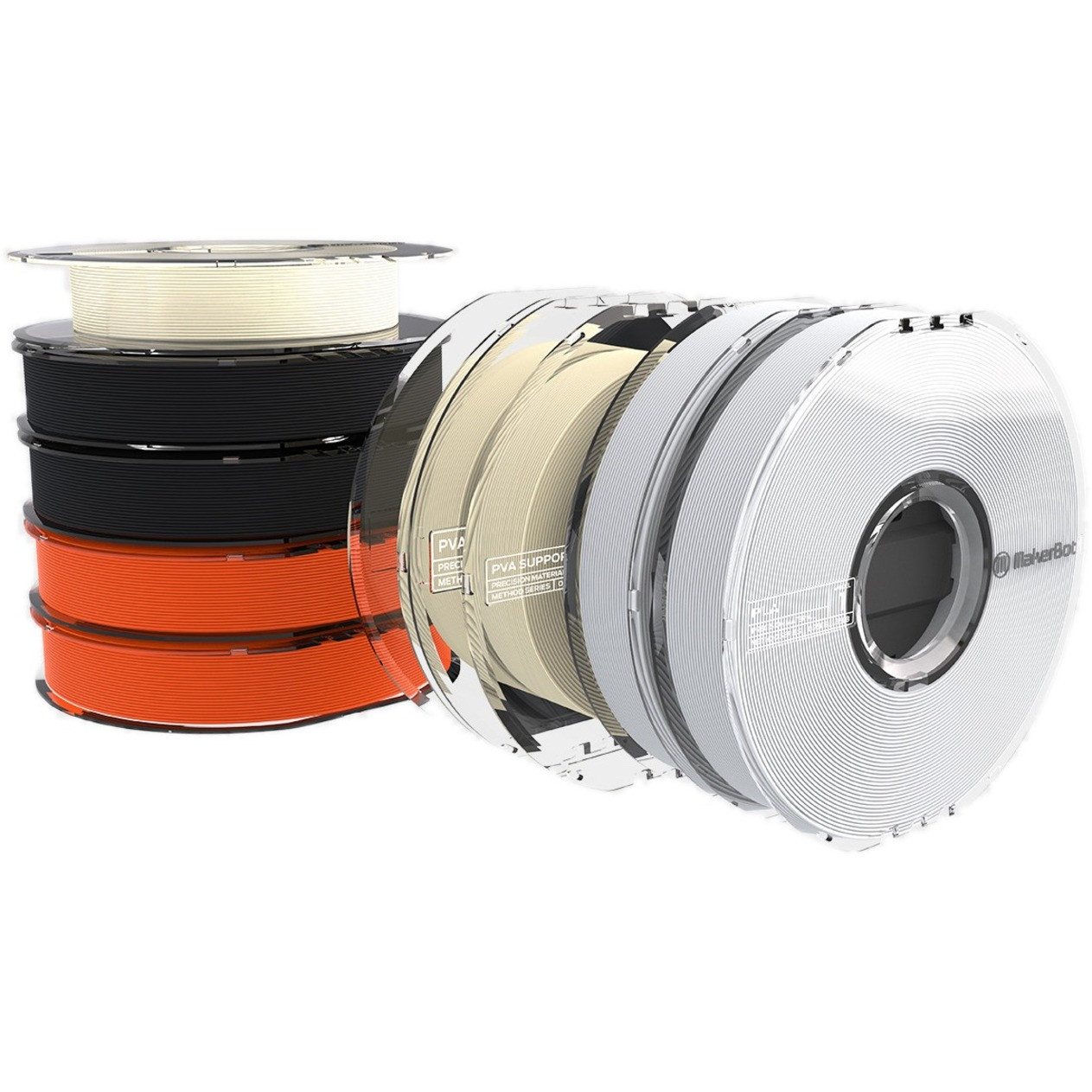 MakerBot PLA Mixed Pack 6 PLA, 3 PVA - True Black, True White, True Orange - 68.9 mil Filament - 1.65" Spool Width - 8.60" Spool Diameter - 900-0024A