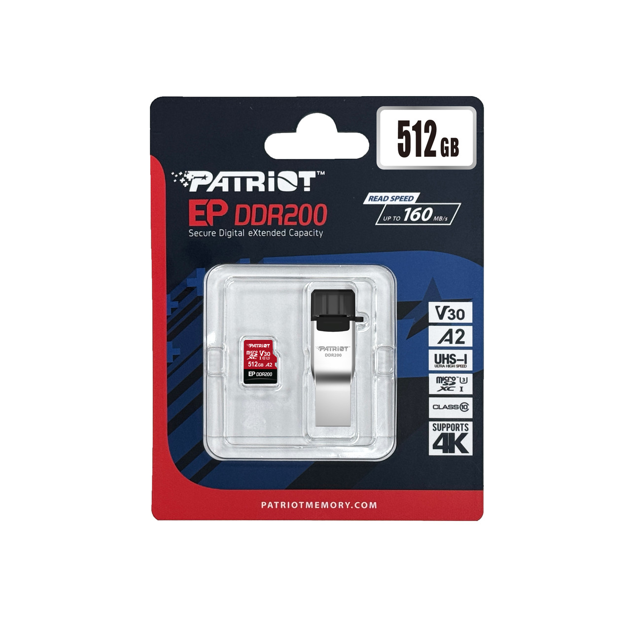 Patriot EP DDR200 V30 A2 microSD Card EP Series 512GB MICRO SDXC DDR200  (with A+C Card reader) - PEF512GEP33MCX