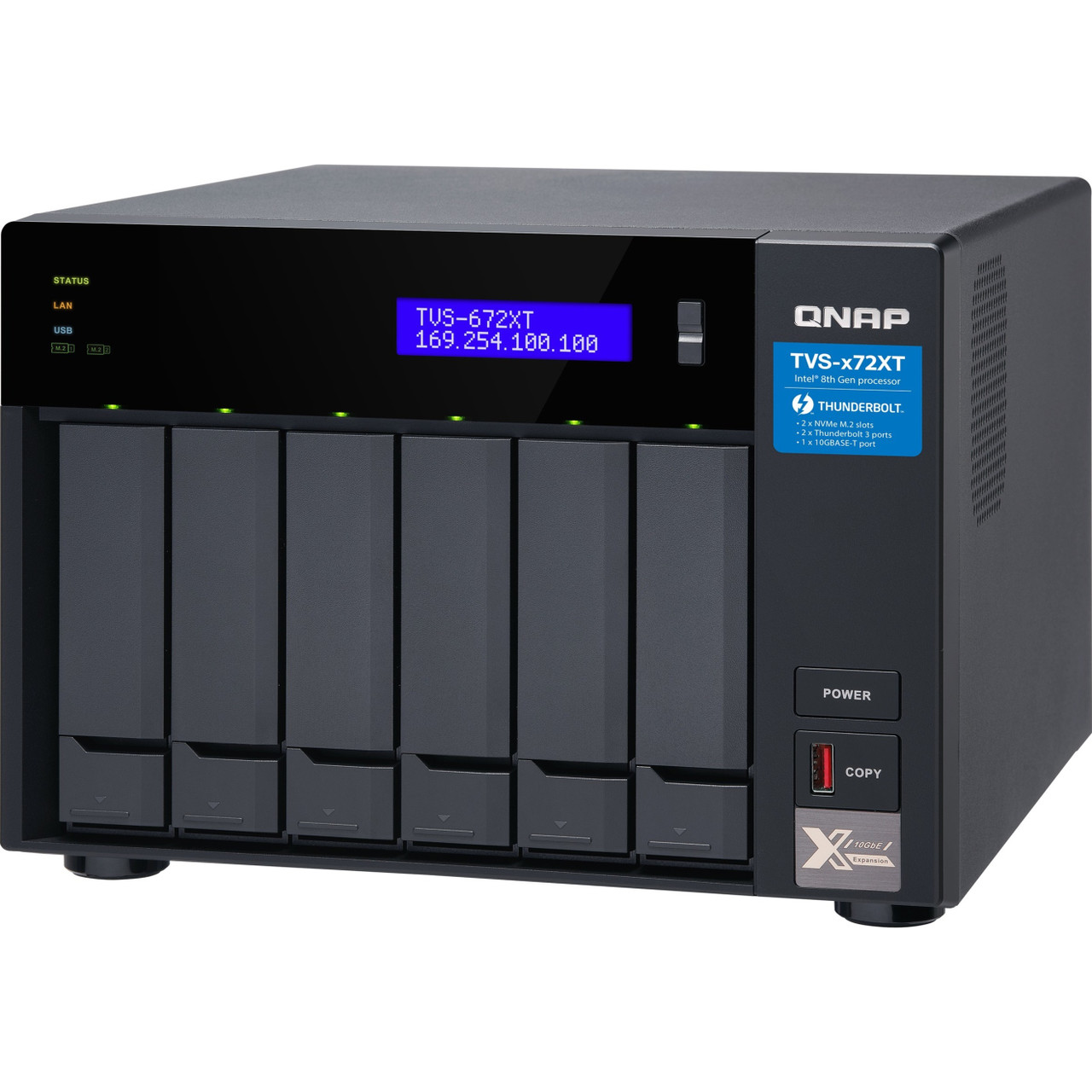 Qnap TVS-672XT-I3-8G SAN/NAS/DAS Storage System - Intel Core i3 i3-8100T Quad-core (4 Core) 3.10 GHz - 6 x HDD Supported - 6 x SSD Supported - 8GB RAM DDR4 SDram - Serial ATA/600 Controller - RAID Supported - TVS-672XT-I3-8G-US
