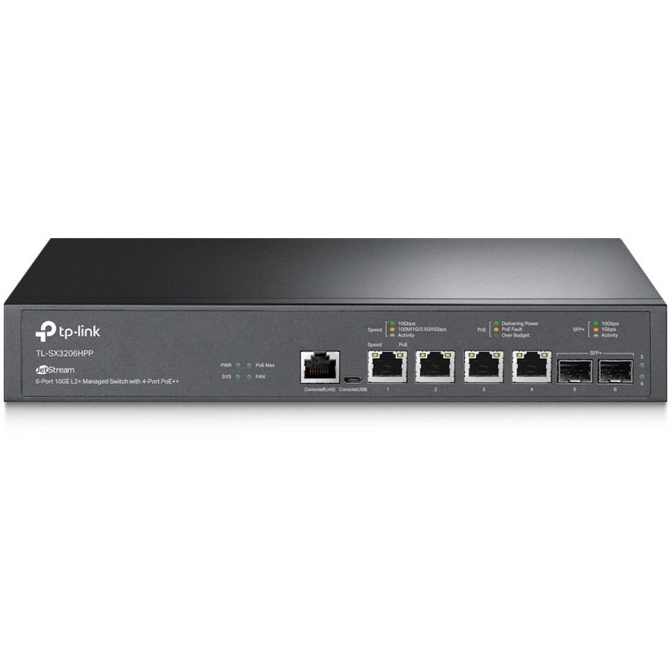 TP-Link JetStream 6-Port 10GE L2+ Managed Switch with 4-Port PoE++ - 6 Ports - Manageable - 10 Gigabit Ethernet - 10GBase-T, 10GBase-X - 3 Layer Supported - Modular - 27.29 W Power Consumption - 200 W PoE Budget - TL-SX3206HPP