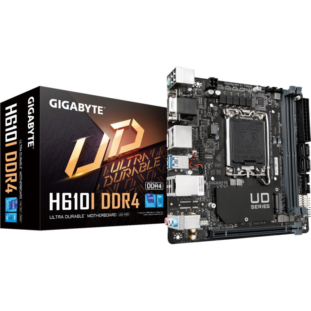 Gigabyte Ultra Durable H610I DDR4 Desktop Motherboard - Intel H610 Chipset - Socket LGA-1700 - Mini ITX - Pentium Gold, Celeron, Core i5, Core i7, Core i9, Core i3 Processor Supported - 64 GB DDR4 SDRAM Maximum RAM - H610I DDR4