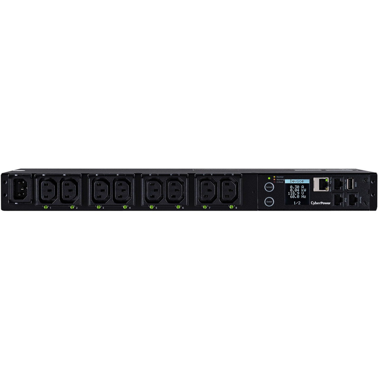 CyberPower PDU41004 Single Phase 100 - 240 VAC 15A Switched PDU - 8 Outlets, 10 ft, IEC-320 C14, Horizontal, 1U, SNMP, LCD, 3YR Warranty