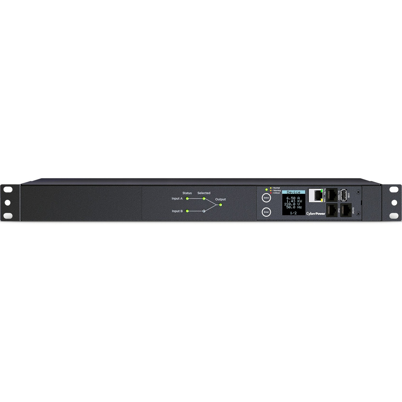 CyberPower Switched ATS PDU PDU44005 10-Outlets PDU - Switched - IEC 60320 C20 - 8 x IEC 60320 C13, 2 x IEC 60320 C19 - 230 V AC - Network (RJ-45) - 1U - Horizontal - Rack-mountable