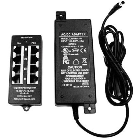 Visiontek PoE Injector - 4 Port Gigabit Mode A - With 48 Volt 48 Watt Power Supply - 48 V Output - 4 Gigabit PoE Input Port(s) - 4 Gigabit Ethernet Output Port(s) - 48 W - 600011