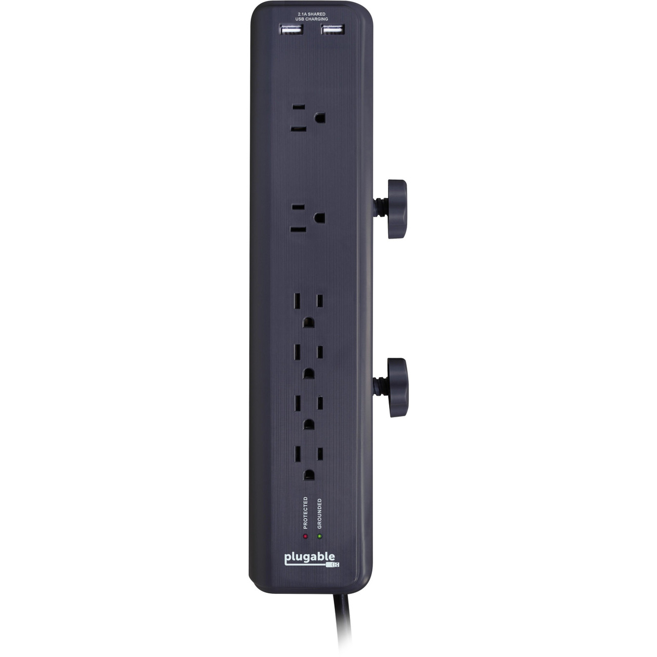 Plugable 6 AC Outlet Surge Protector with Clamp Mount for Workbench or Desk - Built-In 10.5W 2-Port USB Power for Android, Apple iOS, and Windows Mobile Devices - PS6-USB2DC