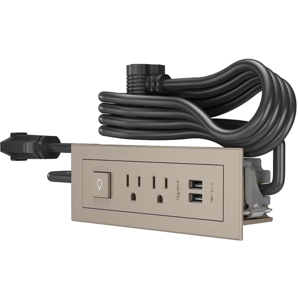 C2G Wiremold Radiant Furniture Power Center Switch (2) Outlet (2) USB, Nickel - 2 x AC Power, 2 x USB - 3.10 A Current - Surface-mountable - Nickel - 16359