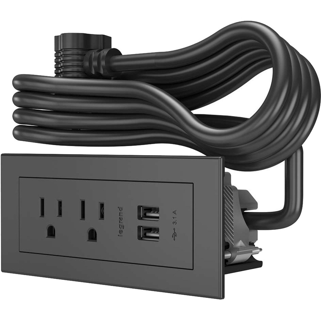 C2G Wiremold Radiant Furniture Power Center (2) Outlet (2) USB, Black - 2 x AC Power, 2 x USB - 3.10 A Current - Surface-mountable - Black - 16362