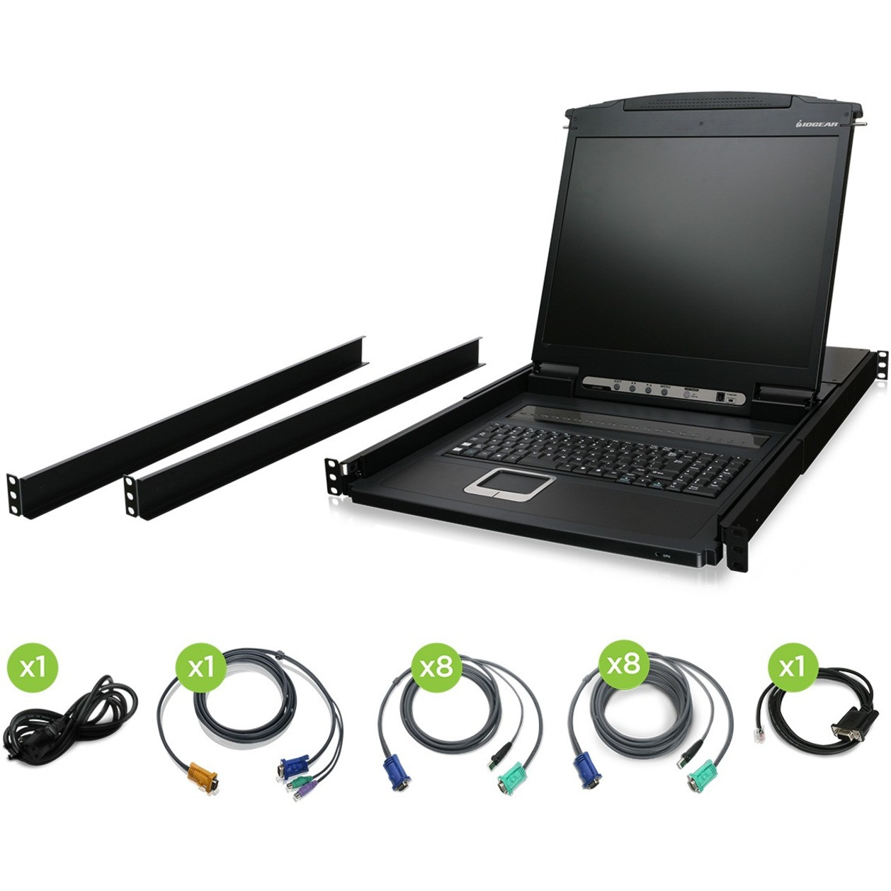 IOGEAR 16-Port LCD Combo KVM Switch with USB KVM Cables - 16 Computer(s) - 17" LCD - 1280 x 1024 - 1 x USB - 1 x VGA - 16 - Daisy Chain - Keyboard - TouchPad - 110 V AC, 220 V AC Input Voltage - 1U High - GCL1916KITU
