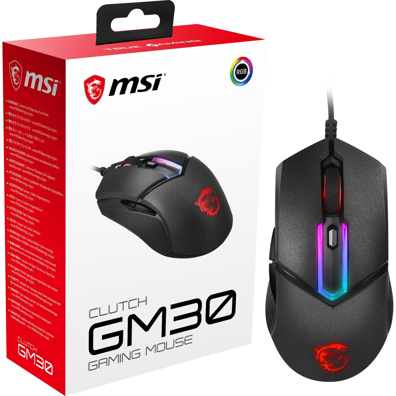 MSI Clutch Gm30 Gaming Mouse - Rugged - Optical - Cable - Black - Usb 2.0 - 6200 Dpi - Scroll Wheel - 6 Button(S) - Medium Hand/Palm Size - Symmetrical - Clutch Gm30