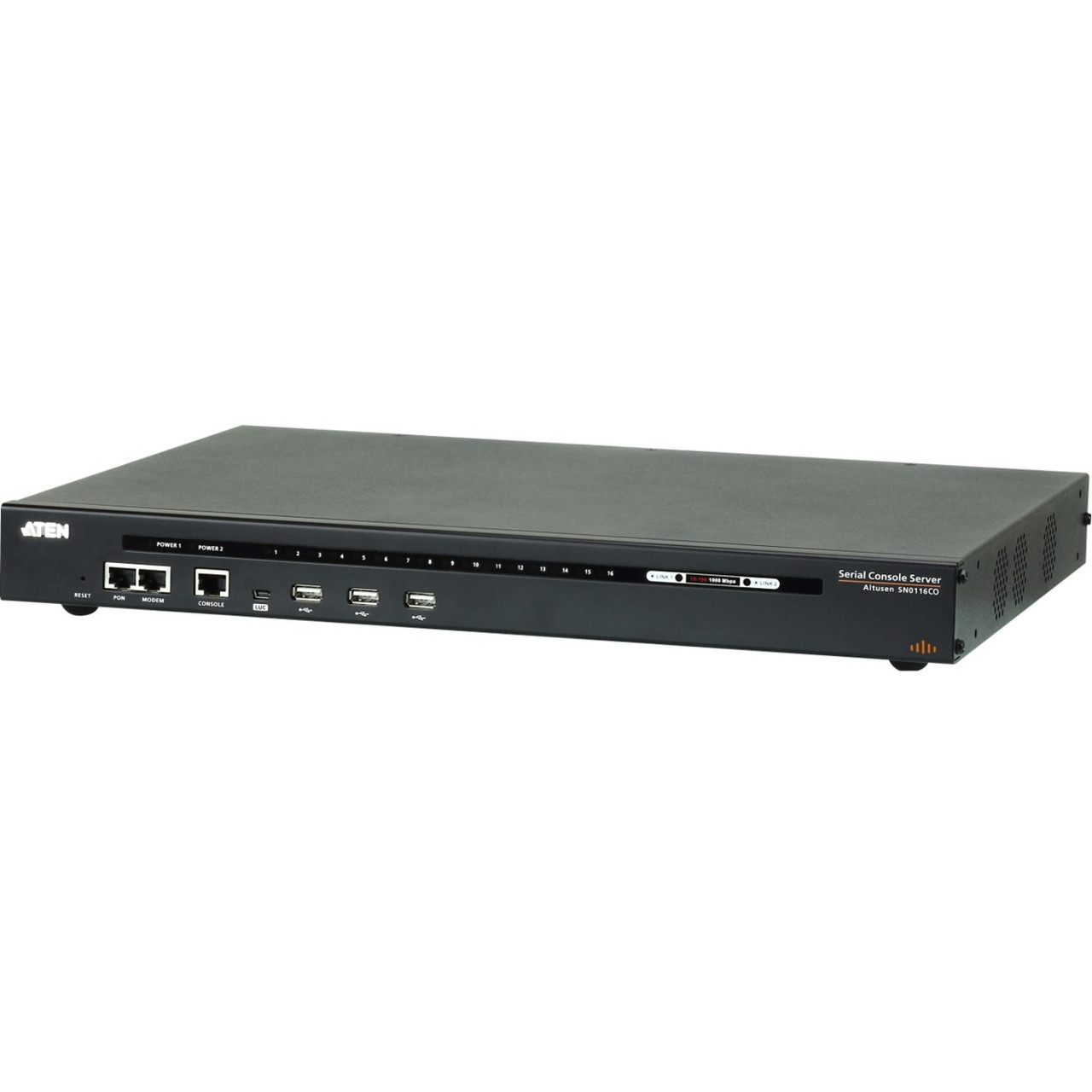 Aten 16-Port Serial Console Server with Dual Power/LAN - Twisted Pair - 2 x Network (RJ-45) x USB - 16 x Serial Port - 10/100/1000Base-T - Gigabit Ethernet - Rack-mountable, Desktop - SN0116CO