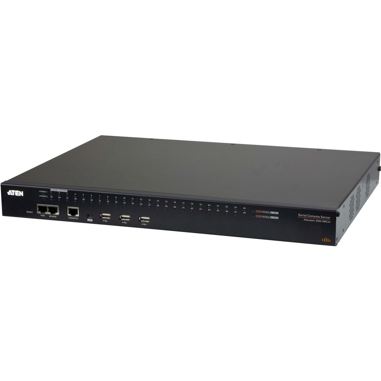 Aten 48-Port Serial Console Server with Dual Power/LAN - Twisted Pair - 2 x Network (RJ-45) - 4 x USB - 48 x Serial Port - 10/100/1000Base-T - Gigabit Ethernet - Rack-mountable - SN0148CO