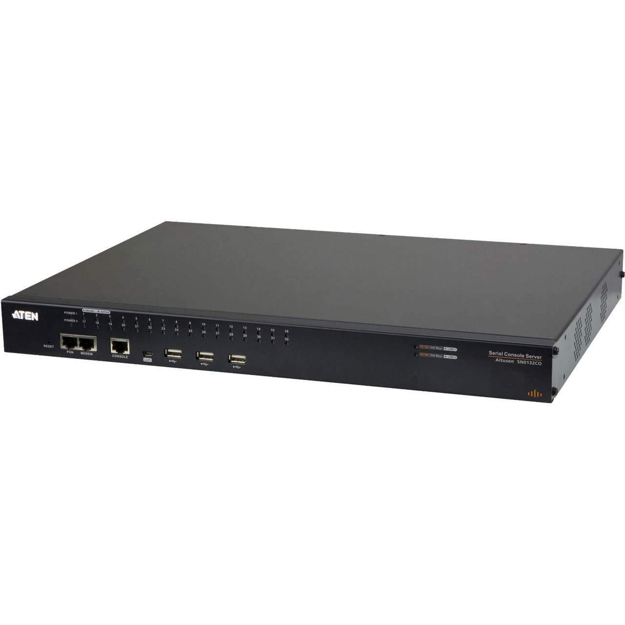 Aten 32-Port Serial Console Server with Dual Power/LAN - Twisted Pair - 2 x Network (RJ-45) x USB - 32 x Serial Port - 10/100/1000Base-T - Gigabit Ethernet - Rack-mountable, Desktop - SN0132CO