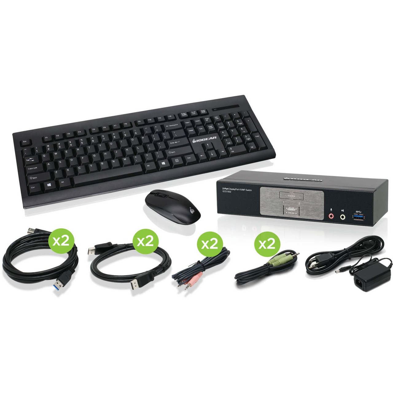 IOGEAR 2-Port DisplayPort 1.2 KVMP with Wireless Keyboard and Mouse - 2 Computer(s) - 1 Local User(s) - 4096 x 2160 - 7 x USB - 3 x DisplayPort - GCS1932-KM