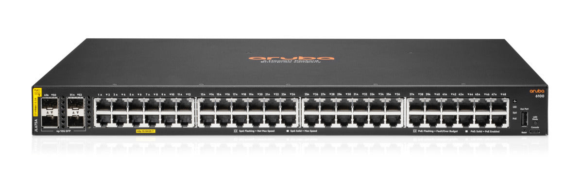 HPE 6100 48G Class4 PoE 4SFP+ 370W Switch - 48 Ports - 3 Layer Supported - Modular - 30.60 W Power Consumption - 370 W PoE Budget - Twisted Pair, Optical Fiber - PoE Ports - 1U - Rack-mountable, Wall Mountable - JL675A#ABB