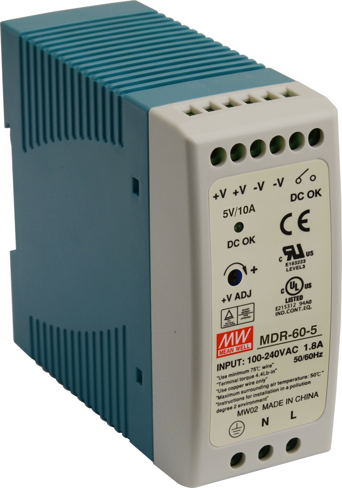 Advantech B+B SmartWorx MeanWell MDR-60-5 Power Supply - DIN Rail - 120 V AC, 230 V AC, 370 V DC Input - 5 V DC @ 10 A Output - 50 W - 78% Efficiency - MDR-60-5