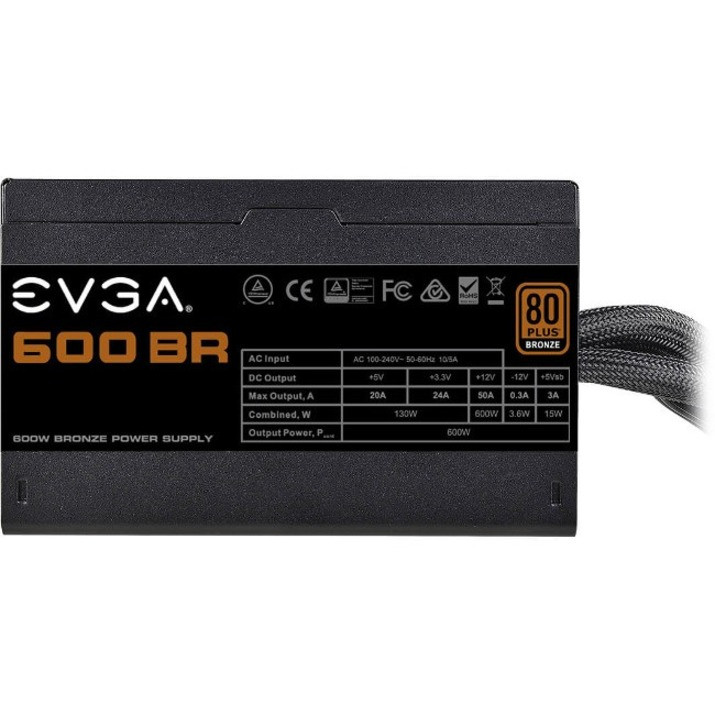 EVGA 600BR Power Supply - Internal - 120 V AC, 230 V AC Input - 3.3 V DC @ 24 A, 5 V DC @ 20 A, 12 V DC @ 50 A, 5 V DC @ 3 A, 12 V DC @ 300 mA Output - 600 W - 1 +12V Rails - 1 Fan(s) - 100-BR-0600-K1