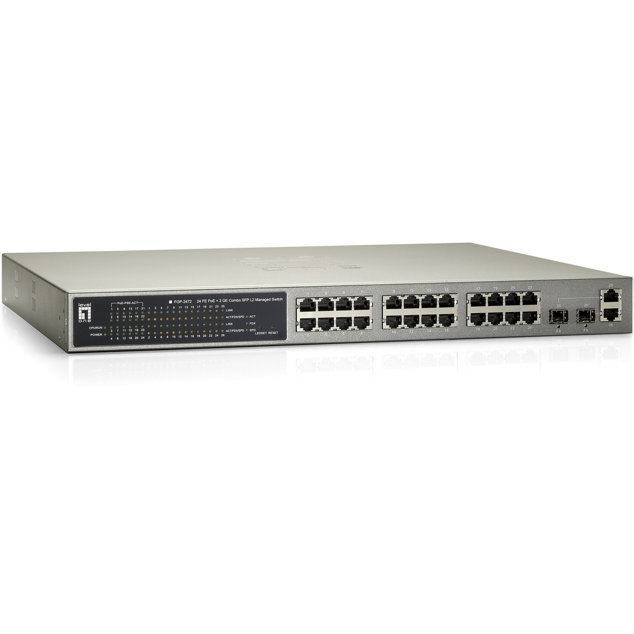 LevelOne FGP-2472 Managed 24-Port PoE 10/100 + 2 SFP-Port Gigabit 19 Rack Mountable Switch - 24 x POE - 2 x RJ-45 - 2 x SFP Slots - 10/100/1000Base-T, 10/100Base-TX - FGP-2472