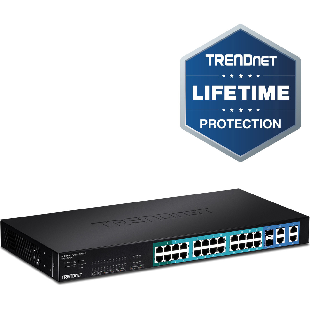Trendnet 28-Port 10/100Mbps Web Smart PoE+ Switch, 20 x PoE Ports, 4 x PoE+ Ports, 2 x Gigabit Ports, 2 x Shared Gigabit Ports (RJ-45 or SFP), Rack Mountable, Lifetime Protection, Black, TPE-224WS - TPE-224WS Trendnet 28-Port 10/100Mbps Web Smart PoE+ Switch, 20 x PoE Ports, 4 x PoE+ Ports, 2 x Gigabit Ports, 2 x Shared Gigabit Ports (RJ-45 or SFP), Rack Mountable, Lifetime Protection, Black, TPE-224WS - TPE-224WS