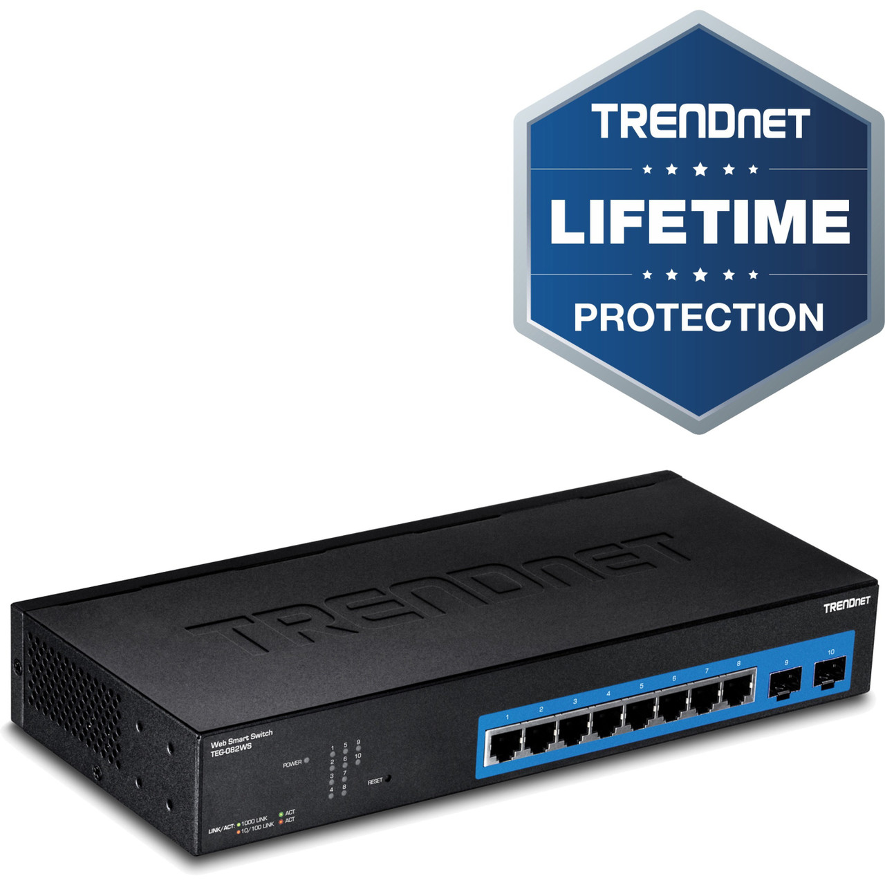 Trendnet 10-Port Gigabit Web Smart Switch; 20 Gbps Switching Capacity; 8 x RJ-45 Ports; 2 x SFP; Slots; VLAN; QoS; LACP; IPv6 Support; Fanless; Rack Mountable; Lifetime Protection; TEG-082WS - TEG-082WS