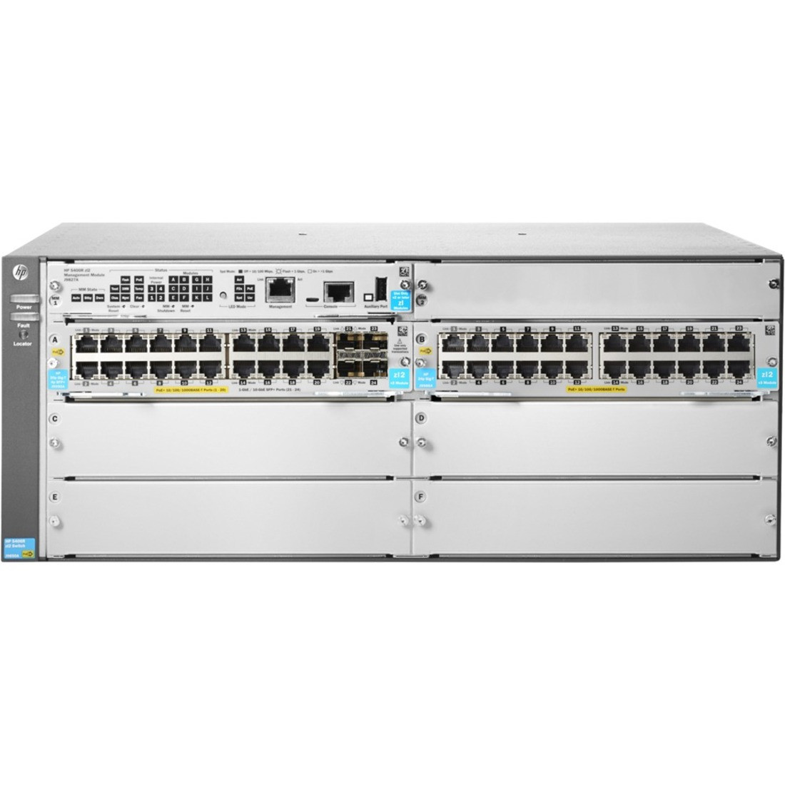 HPE 5406R 44GT PoE+/4SFP+ (No PSU) v3 zl2 Switch - 44 Ports - Manageable - Gigabit Ethernet, 10 Gigabit Ethernet - 10/100Base-TX, 10/100/1000Base-T, 10GBase-X - 3 Layer Supported - Modular - Twisted Pair JL003A