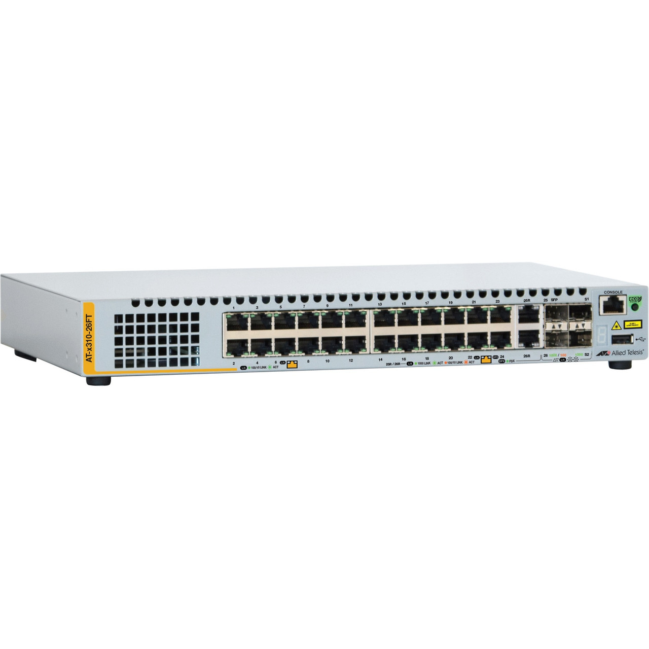 Allied Telesis AT-X310-26FP Layer 3 Switch - 24 Ports - Manageable - Fast Ethernet, Gigabit Ethernet - 10/100Base-TX, 1000Base-X, 10/100/1000Base-TX - 3 Layer Supported - 2 SFP Slots - Power Supply - Twisted Pair, Optical Fiber - AT-X310-26FP-90