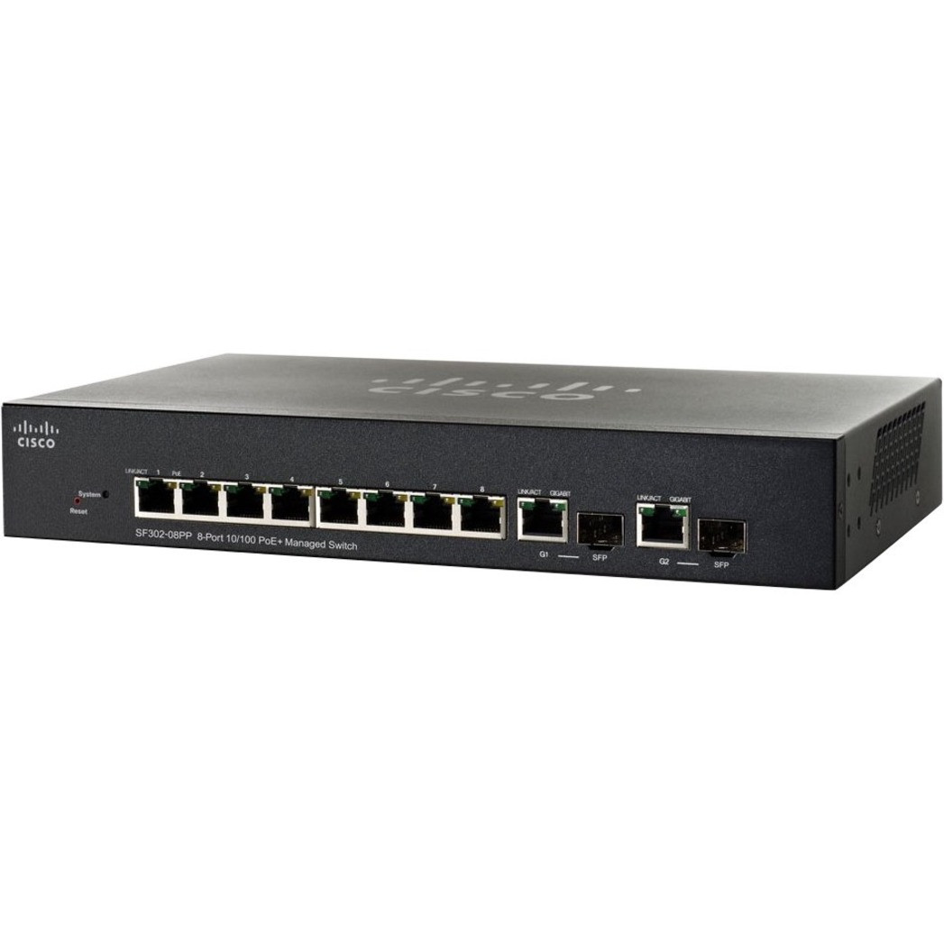 Cisco SF302-08 Layer 3 Switch - 10 Ports - Manageable - Gigabit Ethernet, Fast Ethernet - 10/100/1000Base-T, 10/100Base-TX, 1000Base-X - Refurbished - 3 Layer Supported - 2 SFP Slots - Power Supply - Twisted Pair, Optical Fiber - SRW208G-K9-NA-RF