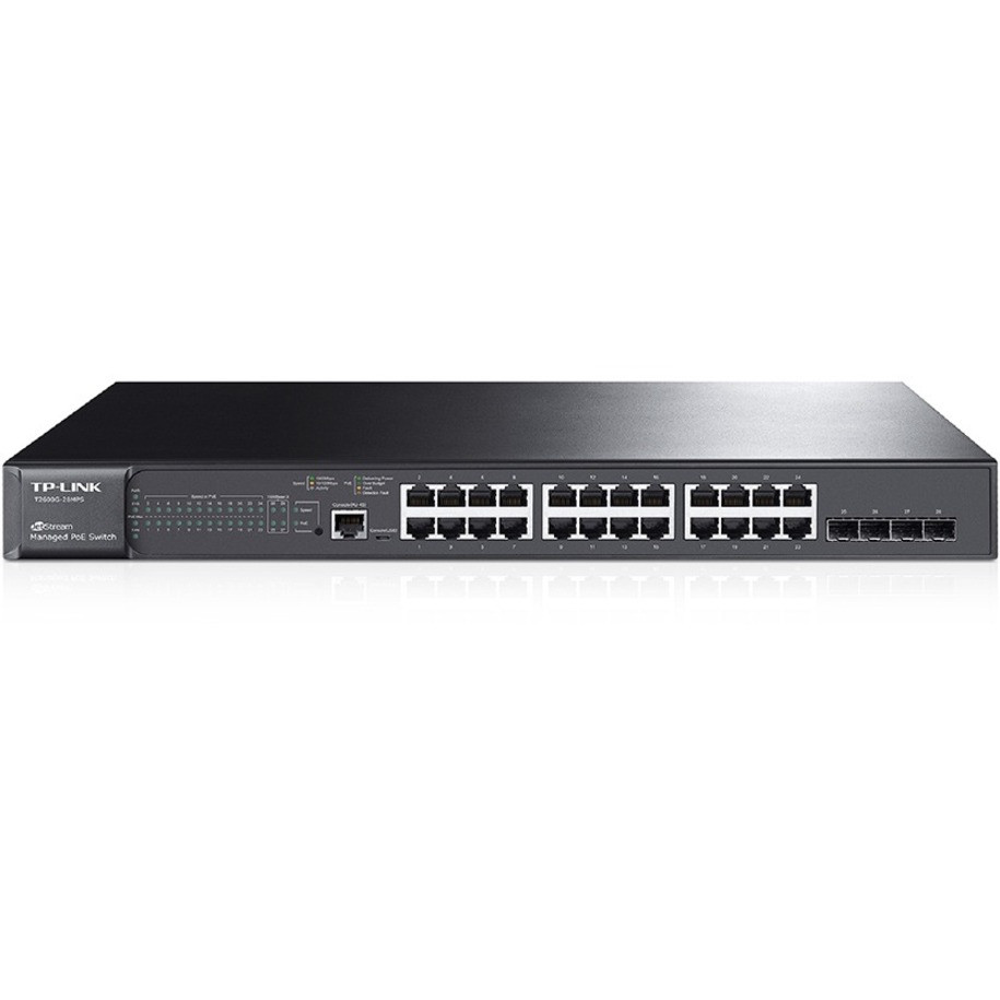 TP-Link JetStream 24-Port Gigabit L2 Managed PoE+ Switch with 4 SFP Slots - 24 Ports - Manageable - 10/100/1000Base-T, 1000Base-X - 4 Layer Supported - Modular - 4 SFP Slots - Twisted Pair, Optical Fiber - Rack-mountable, Desktop - T2600G-28MPS