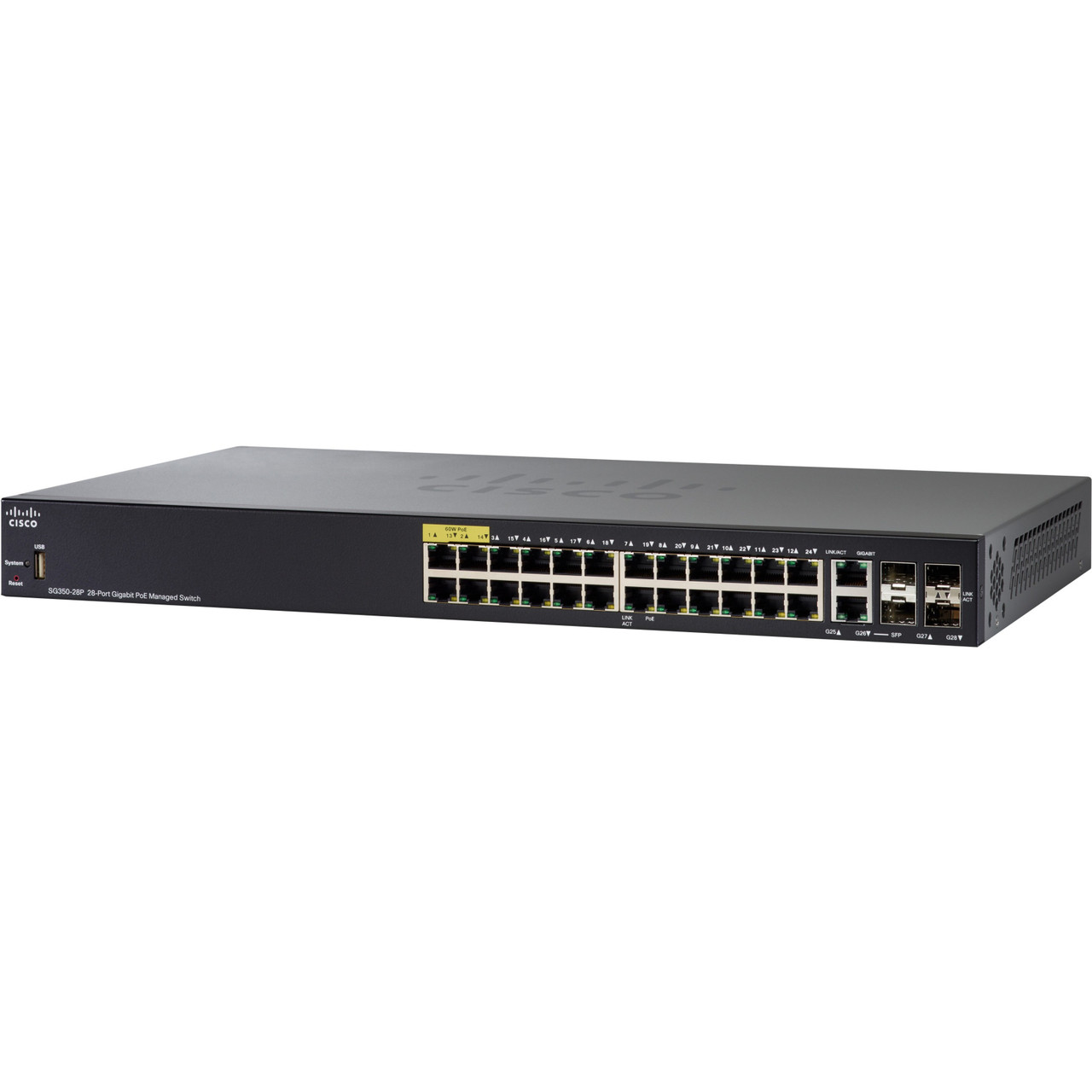 Cisco SG350-28P 28-Port Gigabit PoE Managed Switch - 26 Ports - Manageable - Gigabit Ethernet - 10/100/1000Base-TX, 1000Base-X - 3 Layer Supported - Modular - 4 SFP Slots - Optical Fiber, Twisted Pair - 1U High - SG350-28P-K9-AU